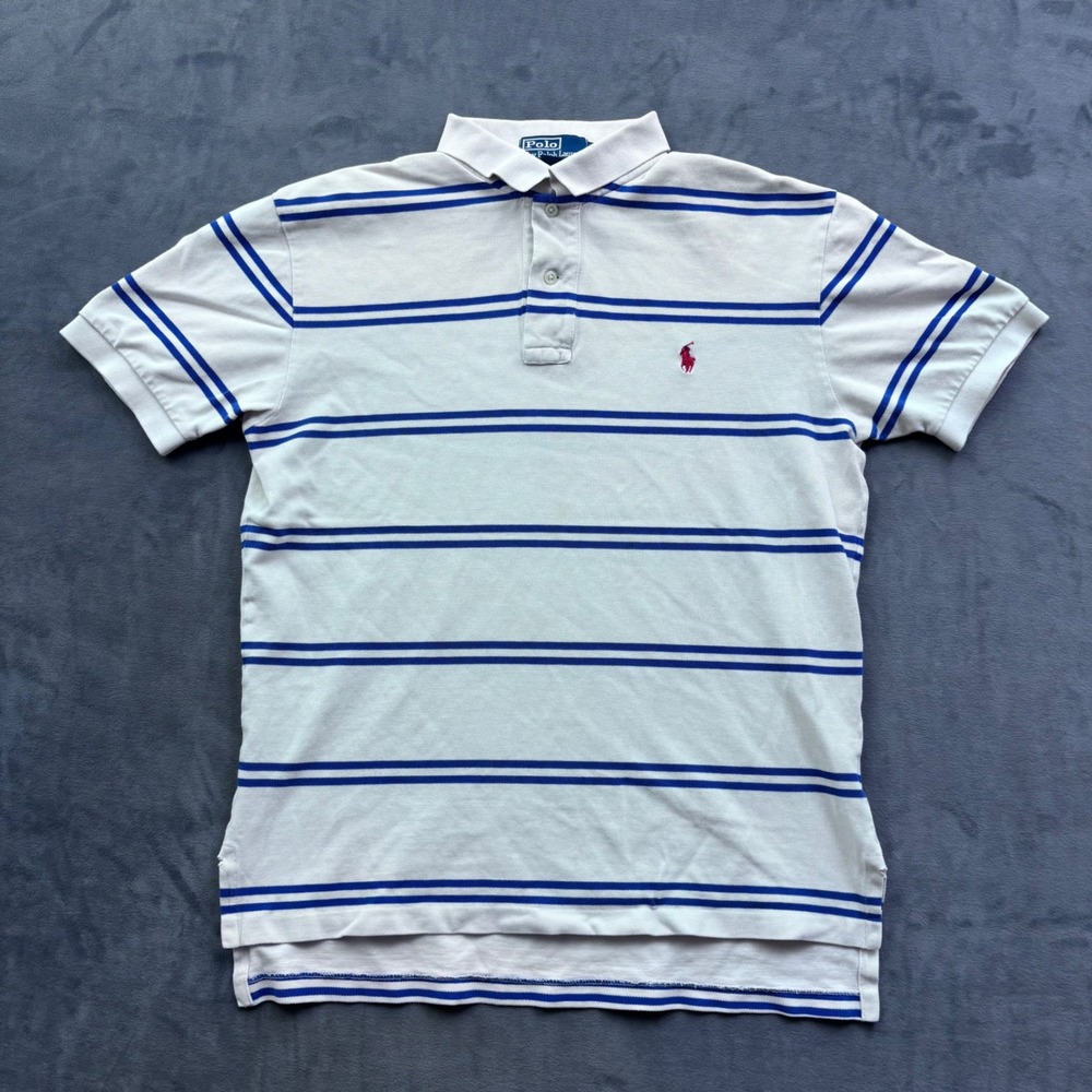 Polo Ralph Lauren Mens Medium Cream Blue Striped Short Sleeve Pique Polo Shirt